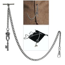 Albert Chain Silver Pocket Watch Chain for Men with Vintage Key Fob T Bar A123 - £13.62 GBP