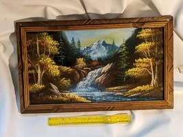 Vintage Velvet Painting Mountain River Tree Scene Reyes Framed 22.5 x 12.5 In - £43.38 GBP