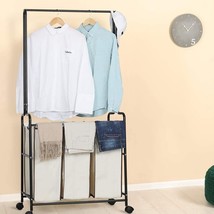 Heavy Duty Laundry Hamper Sorter Cart With Hanging Clothes Bar, 3 Sorter... - £65.26 GBP