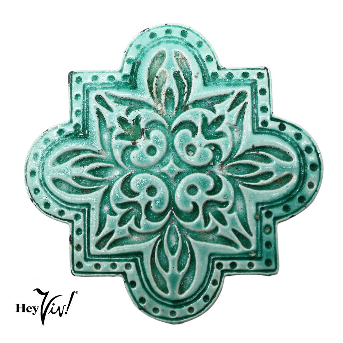 Primary image for Vintage Turquoise Glazed Ceramic Wall Tile Pin Brooch 2 1/4" Across - Hey Viv