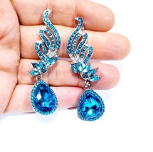 Aqua Pageant Chandelier Earrings, Prom Rhinestone Crystal Drop Earrings, Stateme - £28.29 GBP