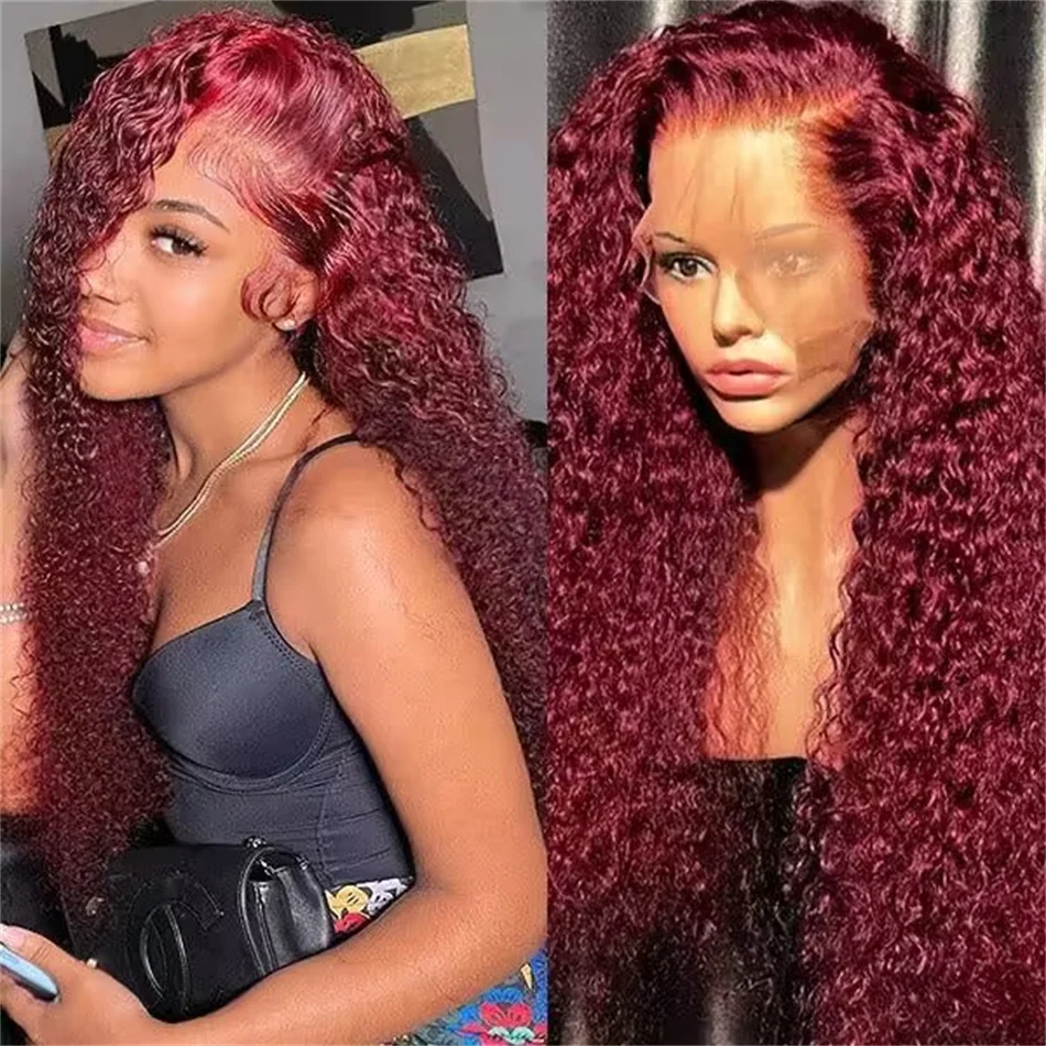 13x4 99J Burgundy Red Colored Deep Curly Lace Front Human Hair Wigs For Wom - £53.32 GBP+