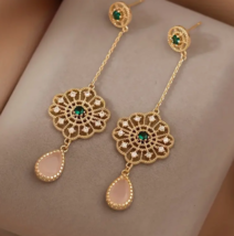 Delicate 18K Gold Plated Medallion Blush Peach Green Stone Dangle Earrings ! - £10.38 GBP