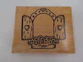 Rubber Stamp Mounted Wood Shuttered Window With Flower Box Hearts Open Used - $7.99