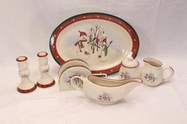 Royal Seasons Snowmen Platter Gravy Cream Sugar Candlesticks Napkin Hold... - $26.45