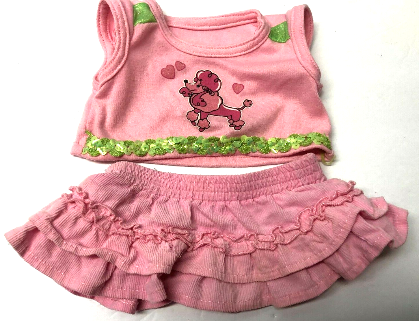 Build A Bear Pink Poodle Dog With Green Trim Cap Sleeve Shirt and Skirt - $11.88