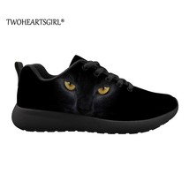 3d printing cute cat women sneakers black cat lace up walks flats shoes lightweight air thumb200
