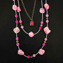 Boho Style Pink Jasper Multi Strand Necklace Antique Gold Tone Oyster Shell - £40.59 GBP
