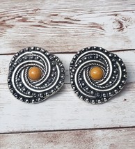 Vintage Clip On Earrings Extra Large Statement Silver Tone with Tan Center - £12.78 GBP