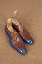 NEW Handmade Men&#39;s New 2 Tone Blue Brown shoes, Men&#39;s Cap Toe Lace Up Leather sh - £115.09 GBP