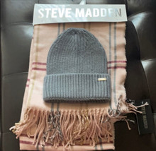 Steve Madden plaid scarf &amp; Gray beanie hat set New - £23.56 GBP