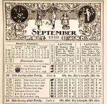 September October 1910 Calendar Page Moon Phases Sun Ephemera ADBN1eee - $29.99