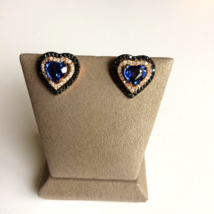 Women&#39;s Heart Earrings 18k Rose Gold Natural Round &amp; Black Diamonds Sapphires - £1,864.73 GBP