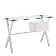 Modern Glass Top Writing Office Desk 2 Drawers Stainless Steel White Storage - £275.75 GBP