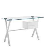 Modern Glass Top Writing Office Desk 2 Drawers Stainless Steel White Sto... - $478.68 CAD