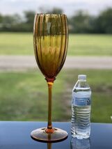 Vintage Empoli Amber Italian Tall Art Glass Optic LONG Stem Compote Vase... - $80.75