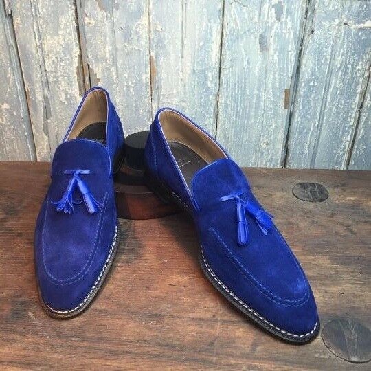 Royal Blue Tassel Loafer Slip On Vintage Suede Leather Party Wear Shoes US 7-16