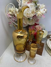 Elegant Gilded Amber Venetian Glass Decanter Set Cordial Aperitif Liqueur Glass - £59.32 GBP