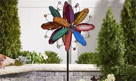 Flower Wind Spinner Stake 84&quot; High Iron Multicolored Layered 3 Pronged Dual Spin - £102.86 GBP