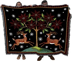 Stephanie Stouffer&#39;S Deer Poinsettia And Tree Blanket Is A Woven Cotton Gift - £61.10 GBP