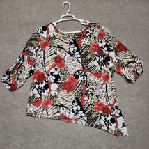 Chicos Asymmetrical Blouse Womens 3 XL Multicolor Floral Roll Tab Sleeve... - £19.68 GBP
