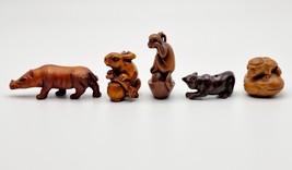 Set of Five wood-carved netsukes animals.  Signed by the maker - £220.67 GBP