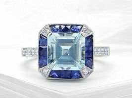2ct Asscher Cut Blue Aquamarine Art Deco Engagement Ring 14k White Gold Finish - £74.71 GBP