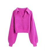 Tangada Women 2022 Fashion Pink Crop Twist  Sweater Jumper Turn Down Col... - £99.90 GBP