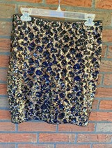 Cache Sequin Party Skirt Size 4 Leopard Print Gold Black Stretch Lined Back Zip - £29.19 GBP
