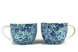 Lily Pulitzer Lot of 2 Blue Floral Ceramic Mug Gold Handle 12 Oz - £30.85 GBP