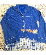 Nick &amp; Nora Christmas Blue Flannel Santa Sled Cityscape Pajama top shirt... - $35.54 CAD