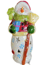 Vintage Snowman Gifts &amp; Broom Tea Lite Holder Ceramic 8” Off-White Beige - £19.37 GBP