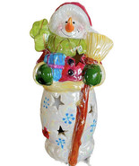 Vintage Snowman Gifts &amp; Broom Tea Lite Holder Ceramic 8” Off-White Beige - £19.41 GBP