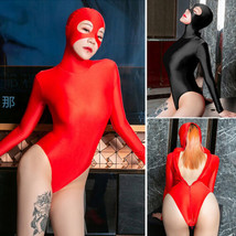 Women Zentai Bodysuit 2-Way Zipper High Cut Unitard Jumpsuit Mask Hood Party - £10.03 GBP+