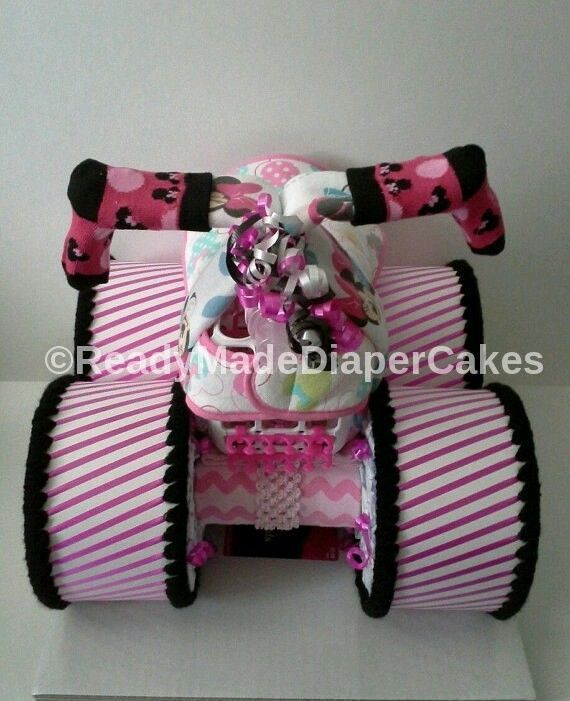 Pink and Black Disney Minnie Mouse Themed Baby Shower Four Wheeler Diaper Cake - $90.00