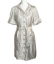 Chico&#39;s Button Front Shirt Dress Beige Shimmer Sz 1.5 M/8 Belted Short Sleeve - £42.72 GBP