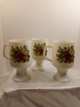 Lot of 3 Spice of Life Milk Glass Pedestal Mugs 1970&#39;s Farmhouse Dining - $21.78