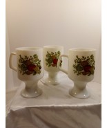 Lot of 3 Spice of Life Milk Glass Pedestal Mugs 1970&#39;s Farmhouse Dining - £17.20 GBP