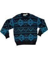 Vintage 80s Black Blue Geometric Crew Neck Chunky Knit Wool Blend Sweate... - $36.27