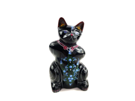Vintage  Carved Wood Hand Painted Black Lacquer Cat Kitten Folk Art  - $14.75