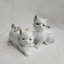 Vintage Porcelain Kitty Cat Salt and Pepper Shakers White Kittens with Flowers - $20.30