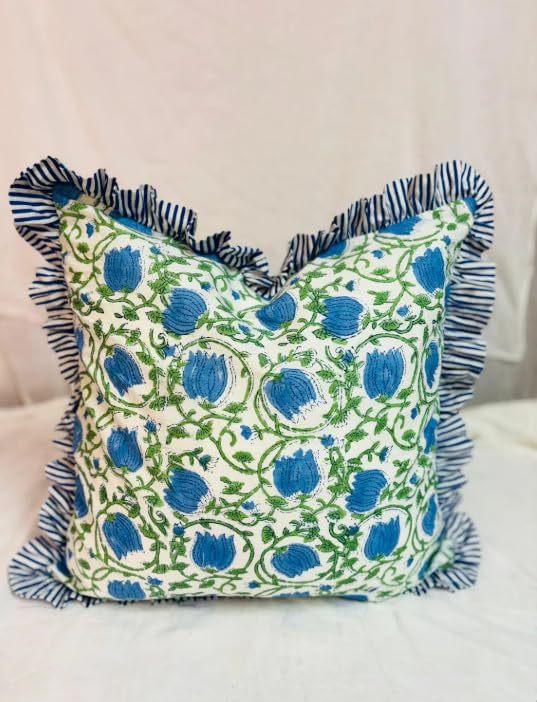 Ruffle Throw Pillow Covers for Couchion, 18x18 Inch Cotton Stripe Ruffle Couch P