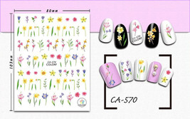 Nail art 3D stickers decal yellow pink blue daffodils green leaves CA570 - £2.65 GBP