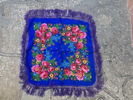 Blue bohemian floral scarf, vintage fringed square headscarf, Eastern Eu... - $25.00