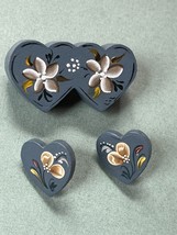 Demi Painted Colonial Blue w White &amp; Green Floral Rosemalling Wood Double Heart  - £11.70 GBP