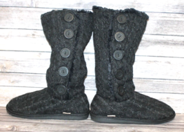 Mukluks Cozy Black Boots Size 9 Knitted Calf High Fur Lined Rubber Soles Buttons - $23.92