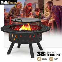 38&quot; Round Fireplace[Fire Pit+Bbq Cooking Grill+Poker]Backyard Wood Burni... - £188.64 GBP