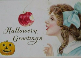 Halloween Postcard Blue Ribbon Women Apple Vintage Stecher Original Nappanee IND - £33.27 GBP