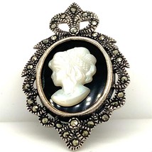 Vtg Sterling Signed Thailand W Art Deco Cameo MOP with Marcasite Brooch Pendant - £30.50 GBP