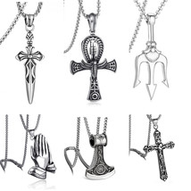 Mens Silver Ankh Jesus Cross Poseidon Trident Pendant Necklace Punk Jewelry 24&quot; - £6.40 GBP